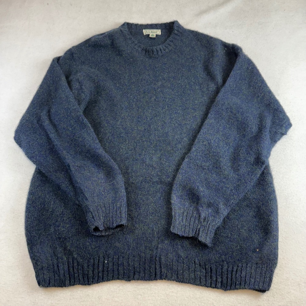 LL Bean Mens XL Tall Shetland Wool Sweater Made in Ireland Navy Green Marled